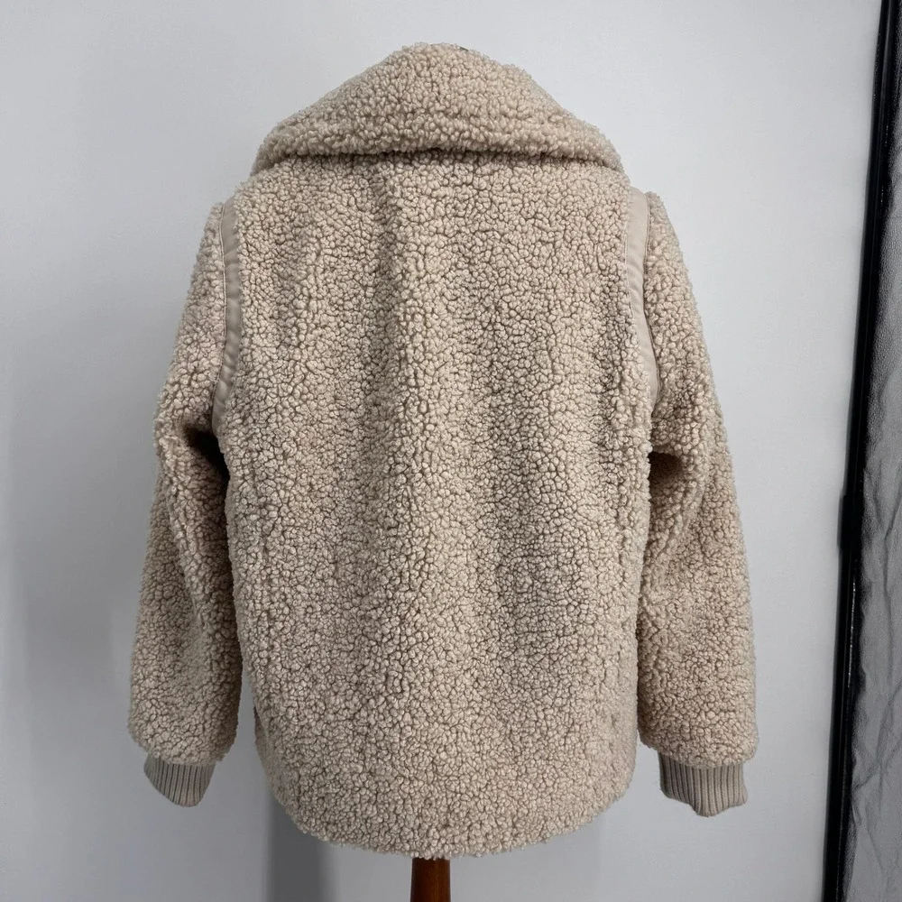 Banana Republic Sherpa Jacket Women Medium Cream Moto Teddy Faux Fur Zip Up